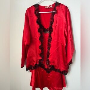 Victoria's Secret Gold Label Vintage Red Satin Black Lace Robe & Chemise Set